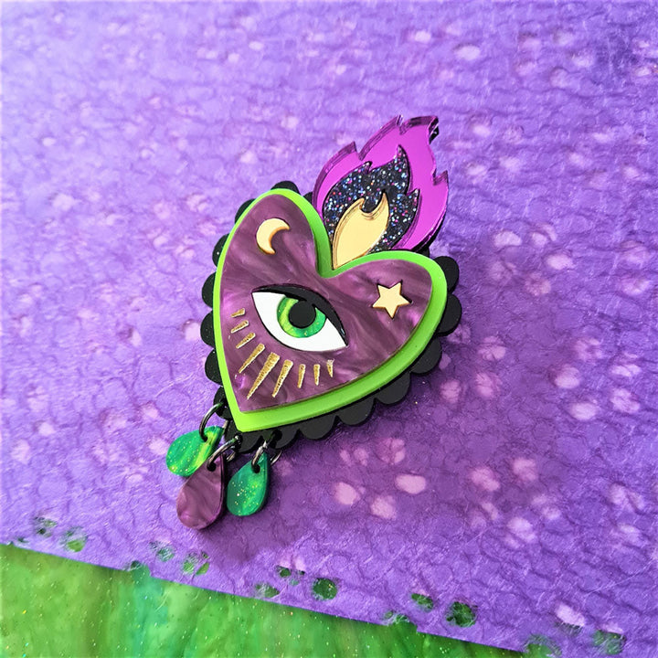 Flaming Heart Brooch Neon Green And Purple - Two Sizes by Cherryloco Jewellery 4
