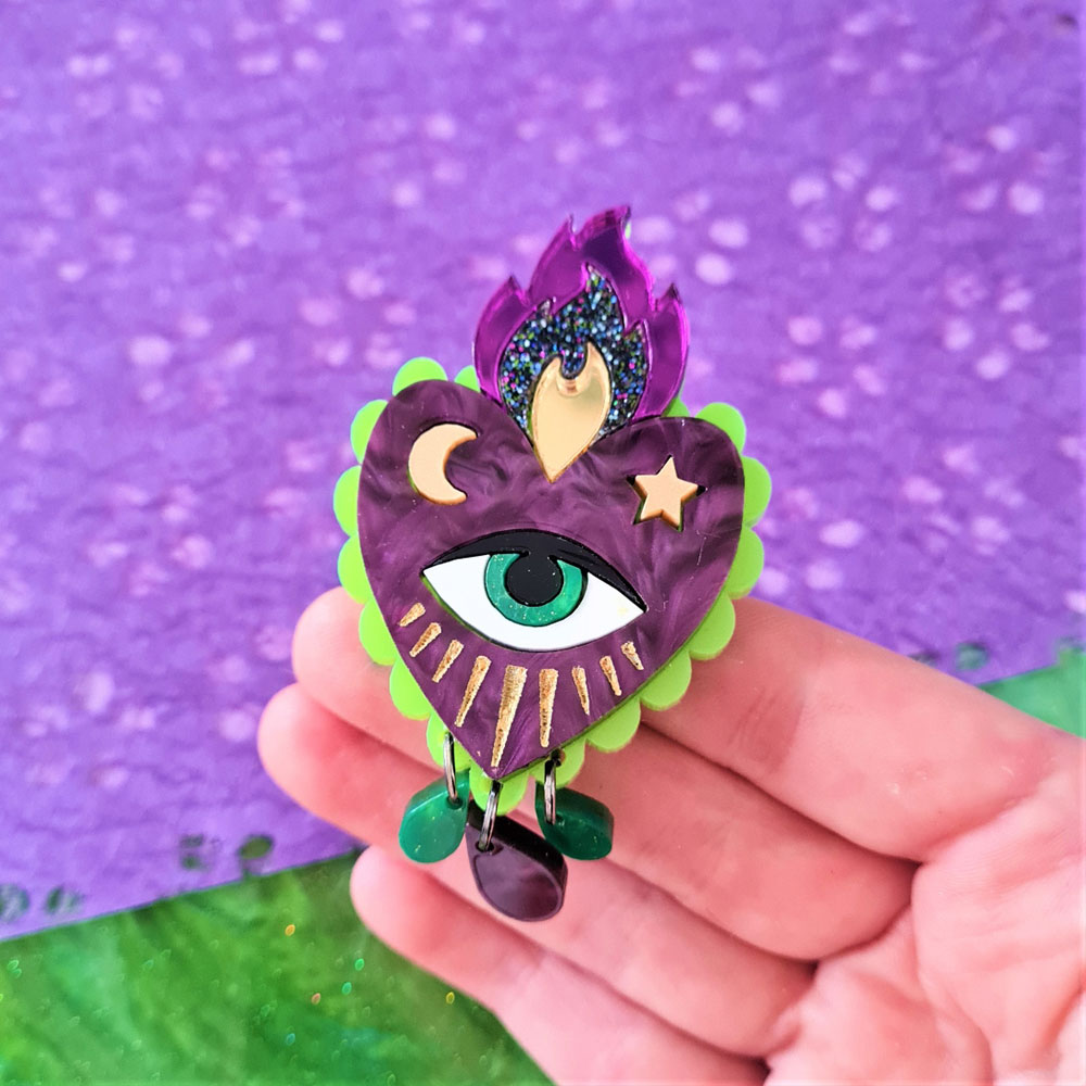 Flaming Heart Brooch Neon Green And Purple - Two Sizes by Cherryloco Jewellery 5