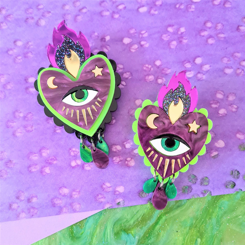 Flaming Heart Brooch Neon Green And Purple - Two Sizes by Cherryloco Jewellery 2