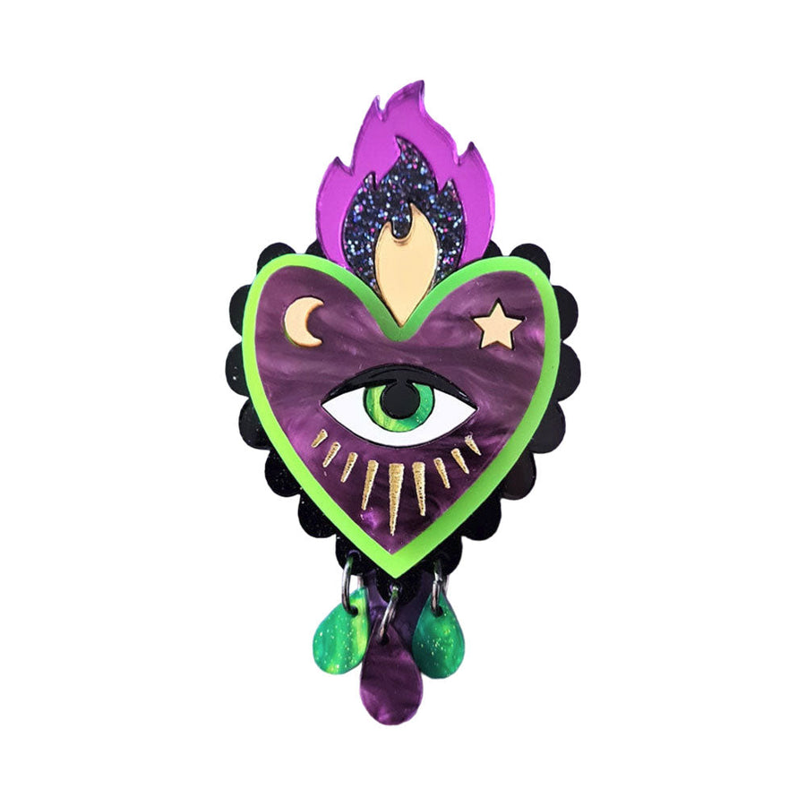 Flaming Heart Brooch Neon Green And Purple - Two Sizes by Cherryloco Jewellery 1
