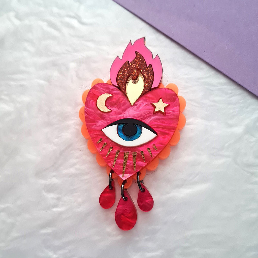 Flaming Heart Pin Brooch - Pink Neon Orange by Cherryloco Jewellery 2