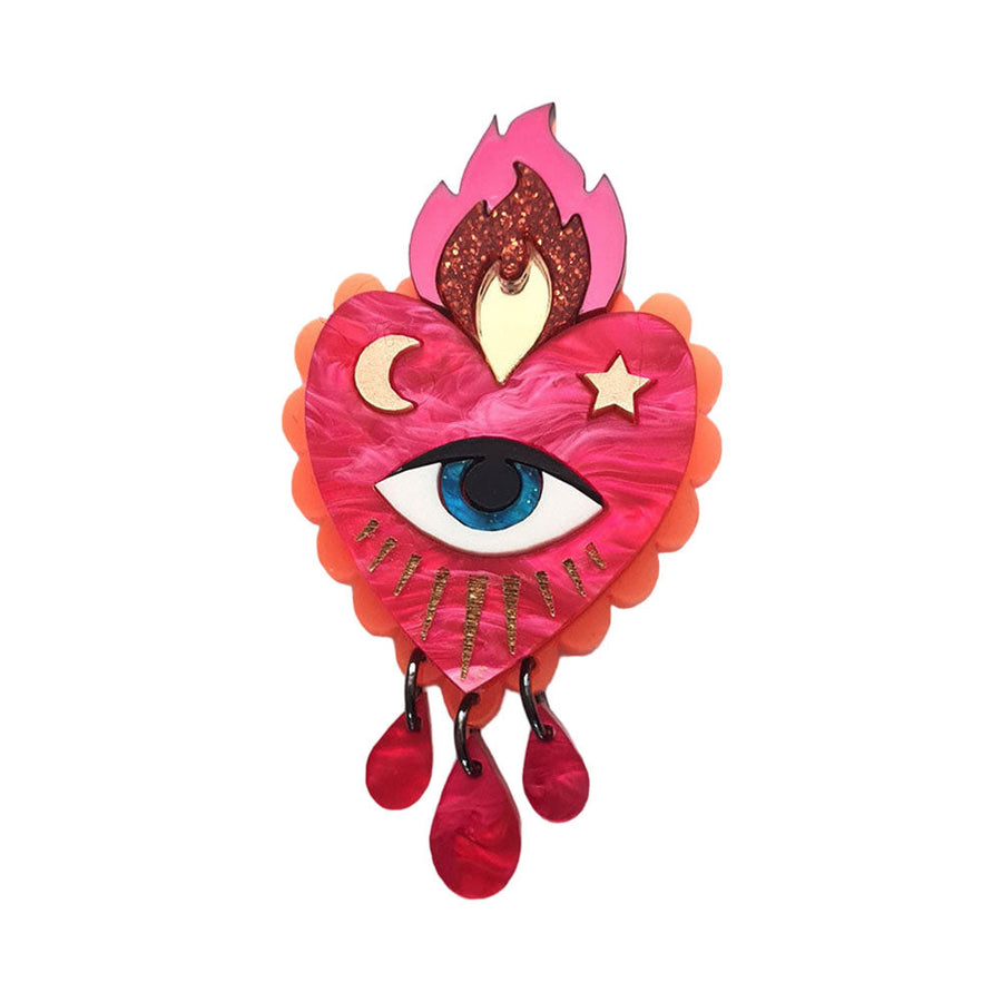 Flaming Heart Pin Brooch - Pink Neon Orange by Cherryloco Jewellery 1