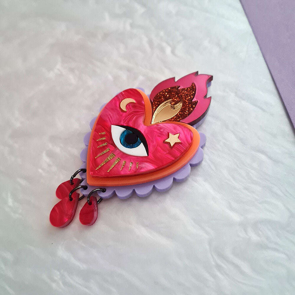 Flaming Heart Statement Brooch- Pink Neon Orange by Cherryloco Jewellery 3