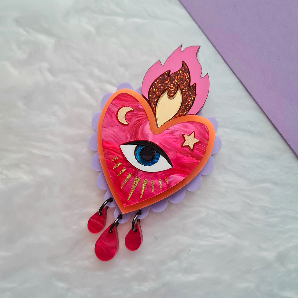 Flaming Heart Statement Brooch- Pink Neon Orange by Cherryloco Jewellery 4
