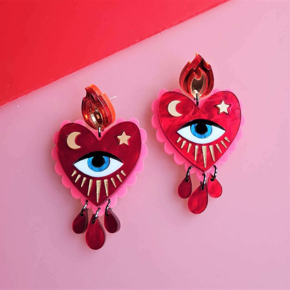 Flaming Heart Statement Earrings by Cherryloco Jewellery