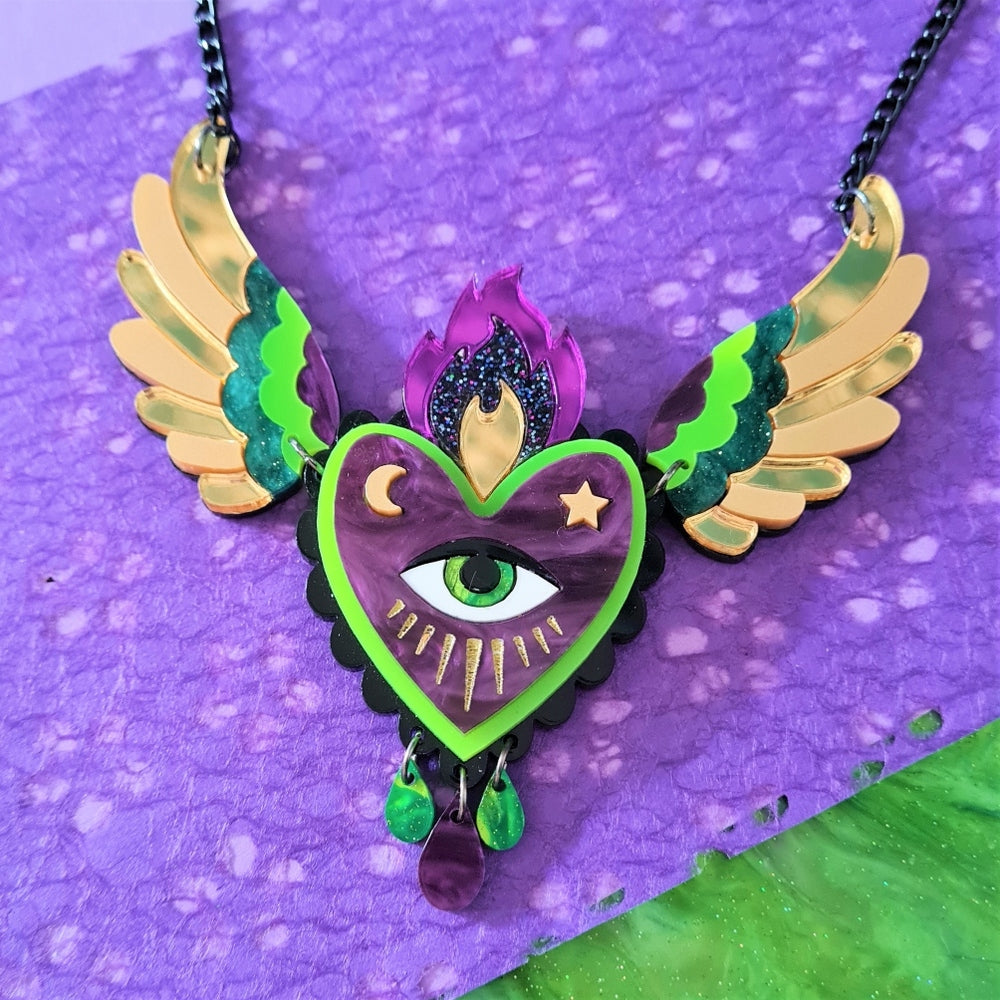 Flaming Winged Heart Statement Necklace - Neon Green and Purple 2