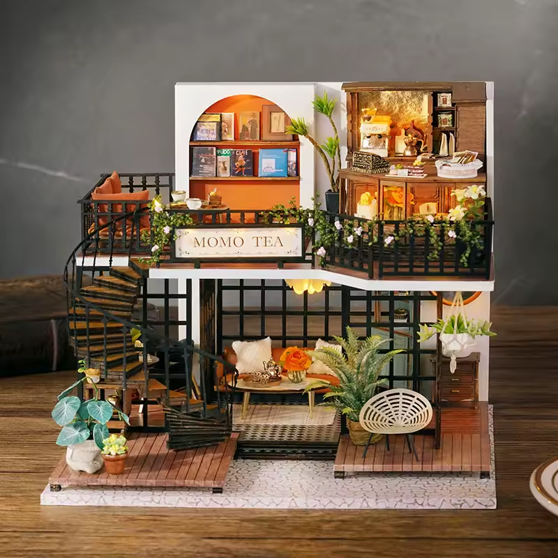 Forest Teashop Dollhouse Kit - Miniature Wizardi Roombox Kit with LED Light F07M51-68-LV-001-A