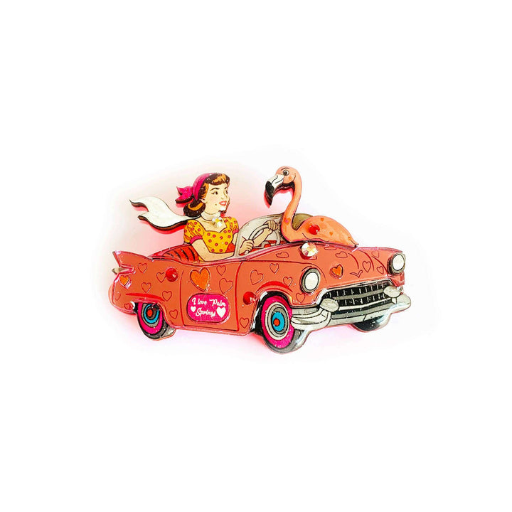 Frankie & the Flamingo Car Brooch by Rosie Rose Parker