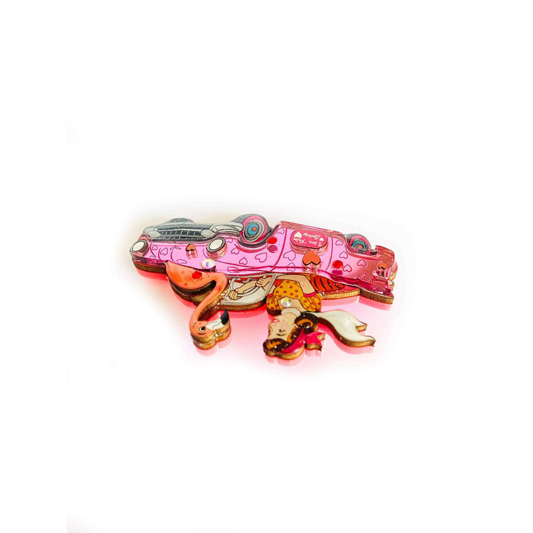 Frankie & the Flamingo Car Brooch by Rosie Rose Parker