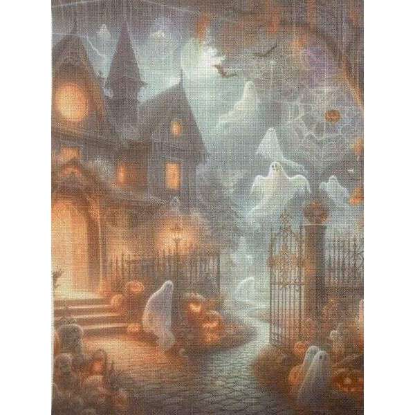 Ghostly Manor Designer Printed AIDA Fabric. Canvas for embroidery with an applied background  KF-1381A