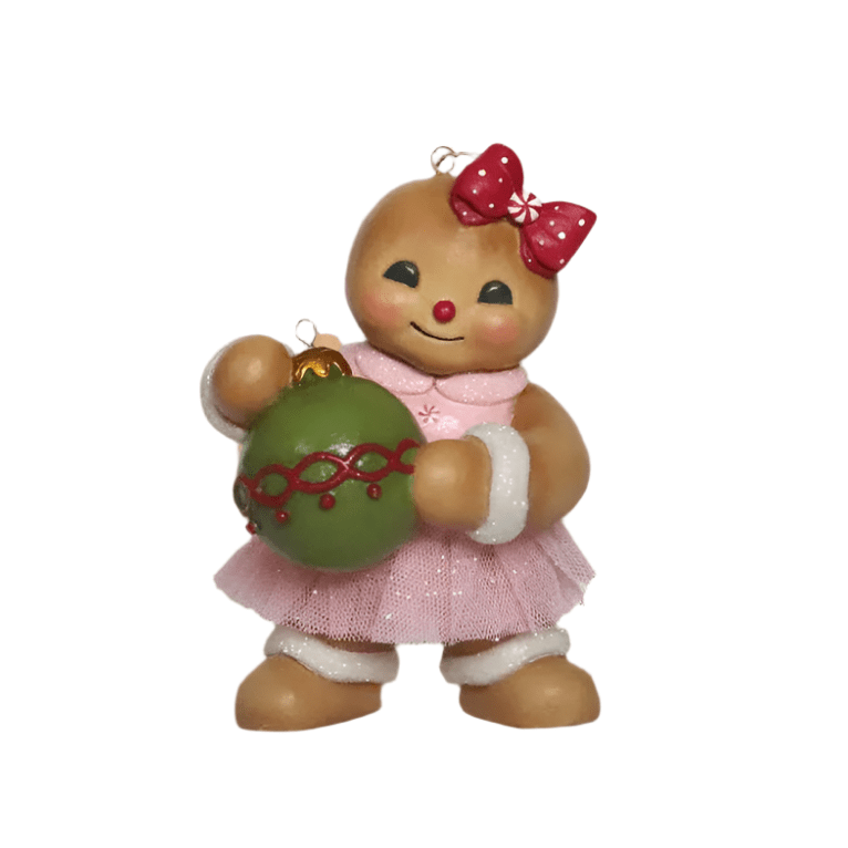 gingerbread joy ornament bethany lowe hand-painted resin gingerbread character with a pink tulle tutu and a large red bow, holding a shiny green ornament. 
