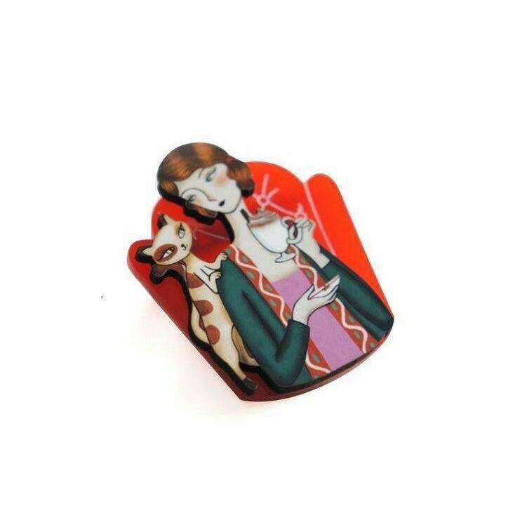Girl and Cat with Eggnog Brooch by Laliblue - Quirks!