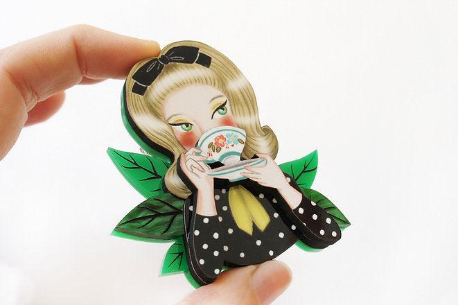 Girl Drinking Tea Brooch by LaliBlue - Quirks!