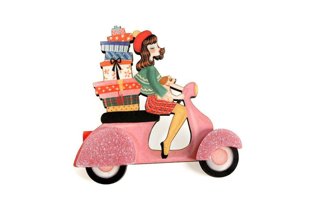 Girl on Scooter with Gifts Brooch by Laliblue - Quirks!