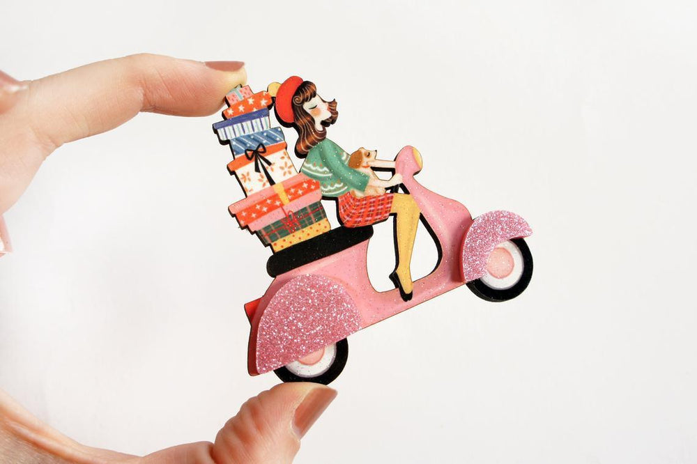 Girl on Scooter with Gifts Brooch by Laliblue - Quirks!