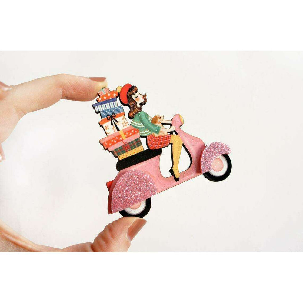 Girl on Scooter with Gifts Brooch by Laliblue - Quirks!