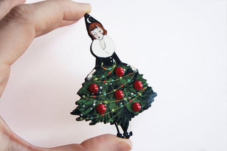 Girl with Christmas Tree Dress Brooch by Laliblue - Quirks!