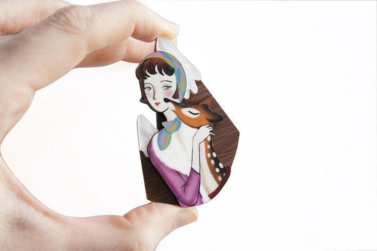 Girl with Deer and Mountains Brooch by Laliblue - Quirks!
