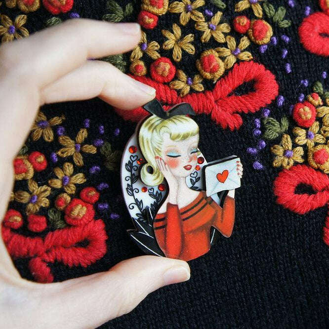 Girl with Love Letter Valentine Brooch by Laliblue - Quirks!