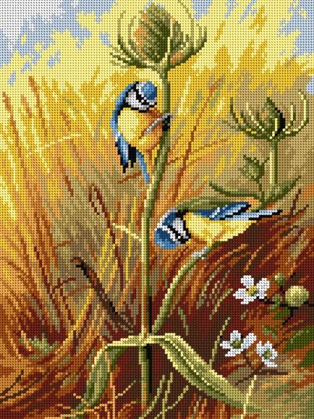 Gobelin canvas for halfstitch without yarn after Archibal Thornburn - Bluetits on a Teasel