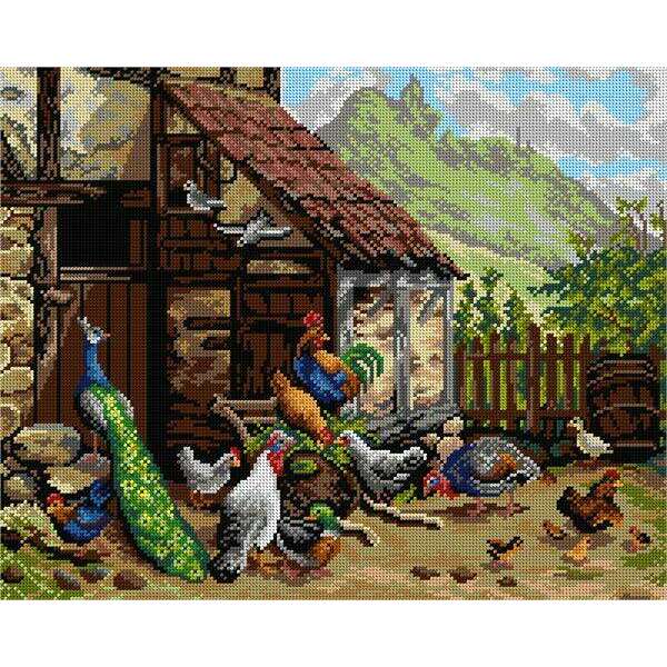 Gobelin canvas for halfstitch without yarn after Carl Jutz - Chickens and Peacock in the Yard