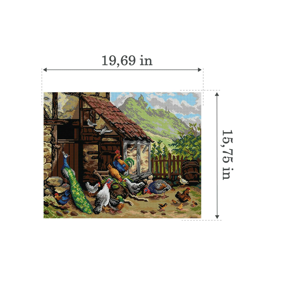 Gobelin canvas for halfstitch without yarn after Carl Jutz - Chickens and Peacock in the Yard
