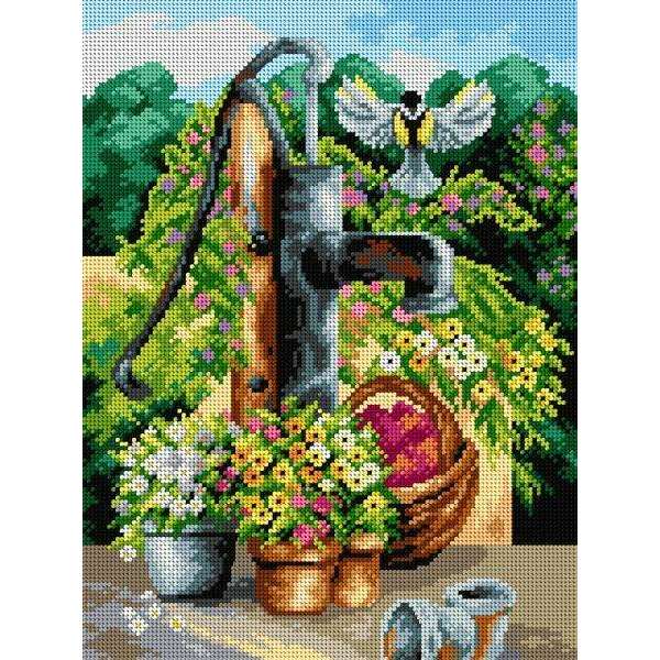 Gobelin canvas for halfstitch without yarn Waterpump in Flowers