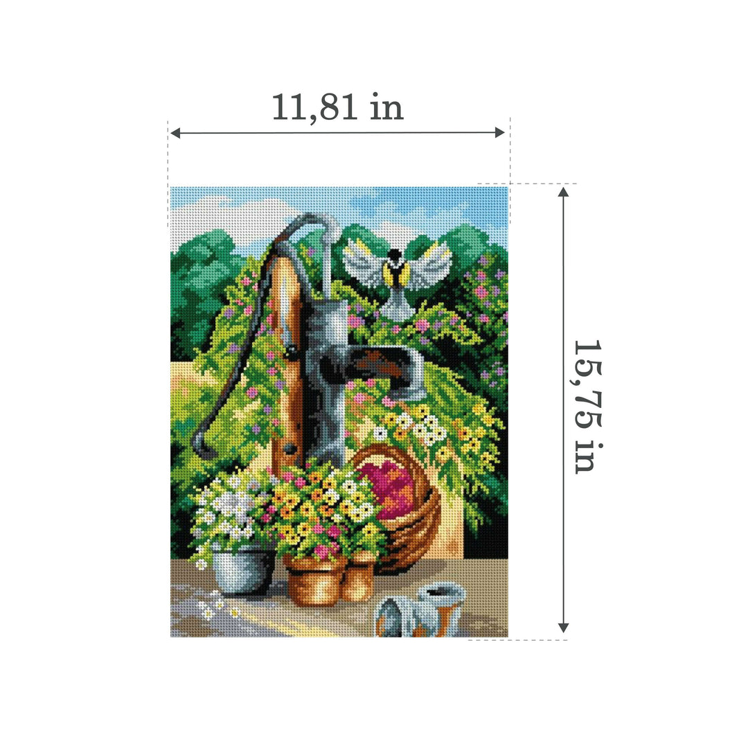 Gobelin canvas for halfstitch without yarn Waterpump in Flowers