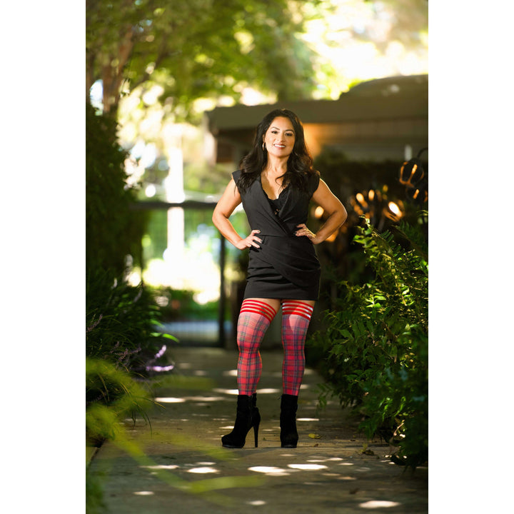 Grace: Red Plaid Thigh Highs. Petite to Plus Size