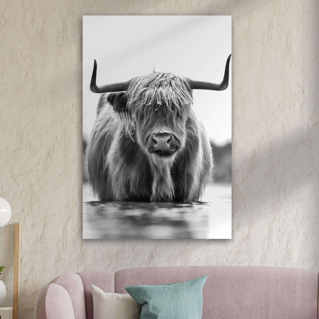 Grayscale Highland Cow Portrait Canvas Wall Art