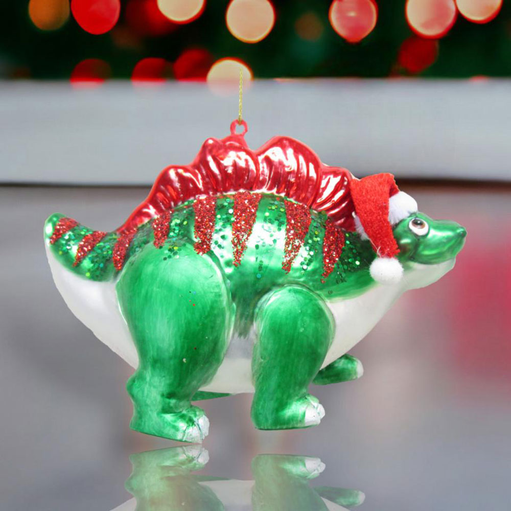 Green Dinosaur w/ Santa Cap Ornament by December Diamonds 