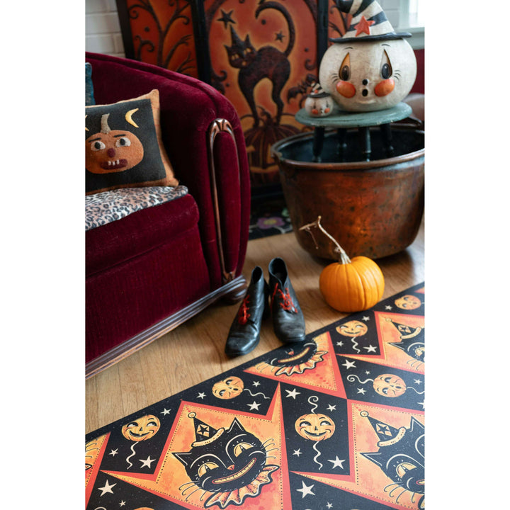 Grinning Black Cat Jack 56” Harlequin Vinyl Floor Decor