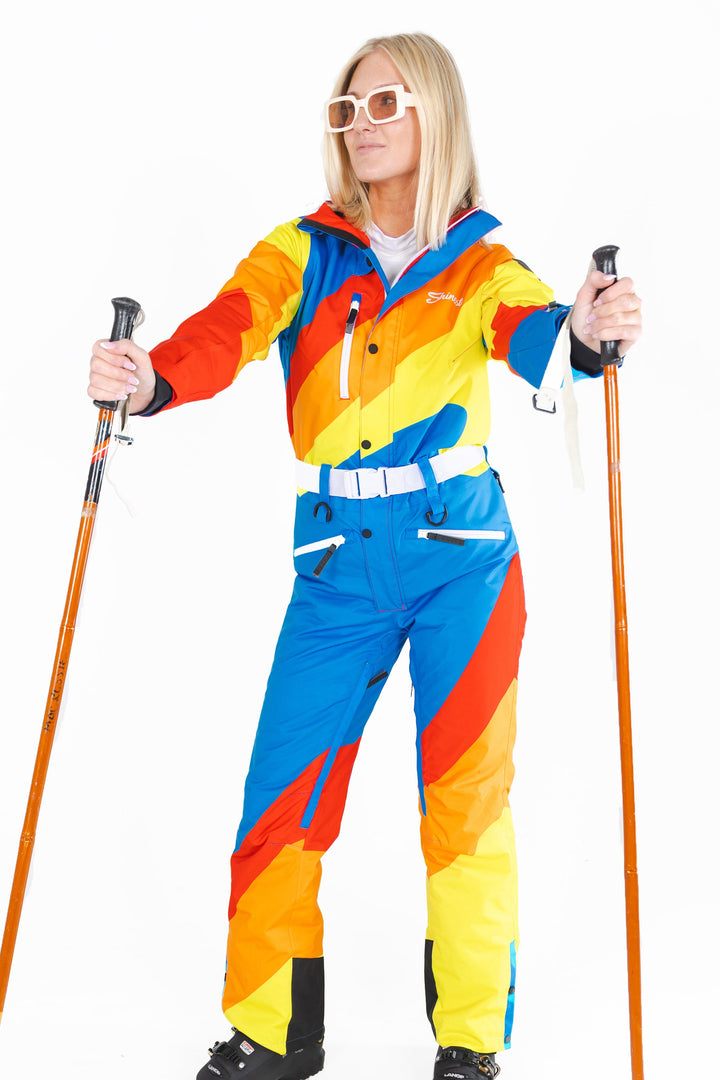The Groovy Gondola | Orange Retro Swirl Women's One Piece Ski Suit