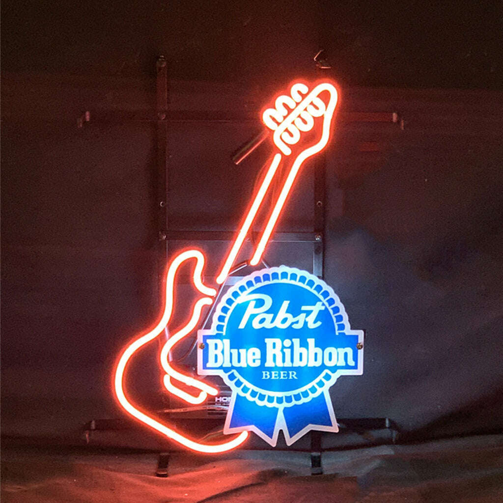 Guitar with Pabst Blue Ribbon Neon Signs