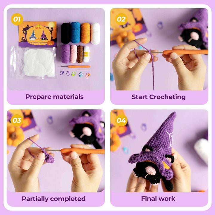 Halloween Cat Gnomes Amigurumi DIY Crochet Kit Wizardi F07N8-M210