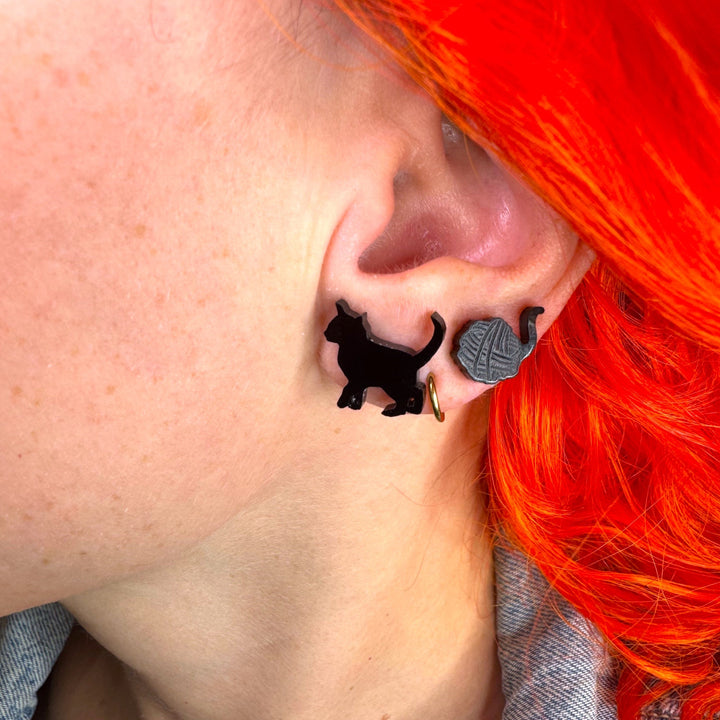 Last Chance! Kitten & Yarn Earrings in Black