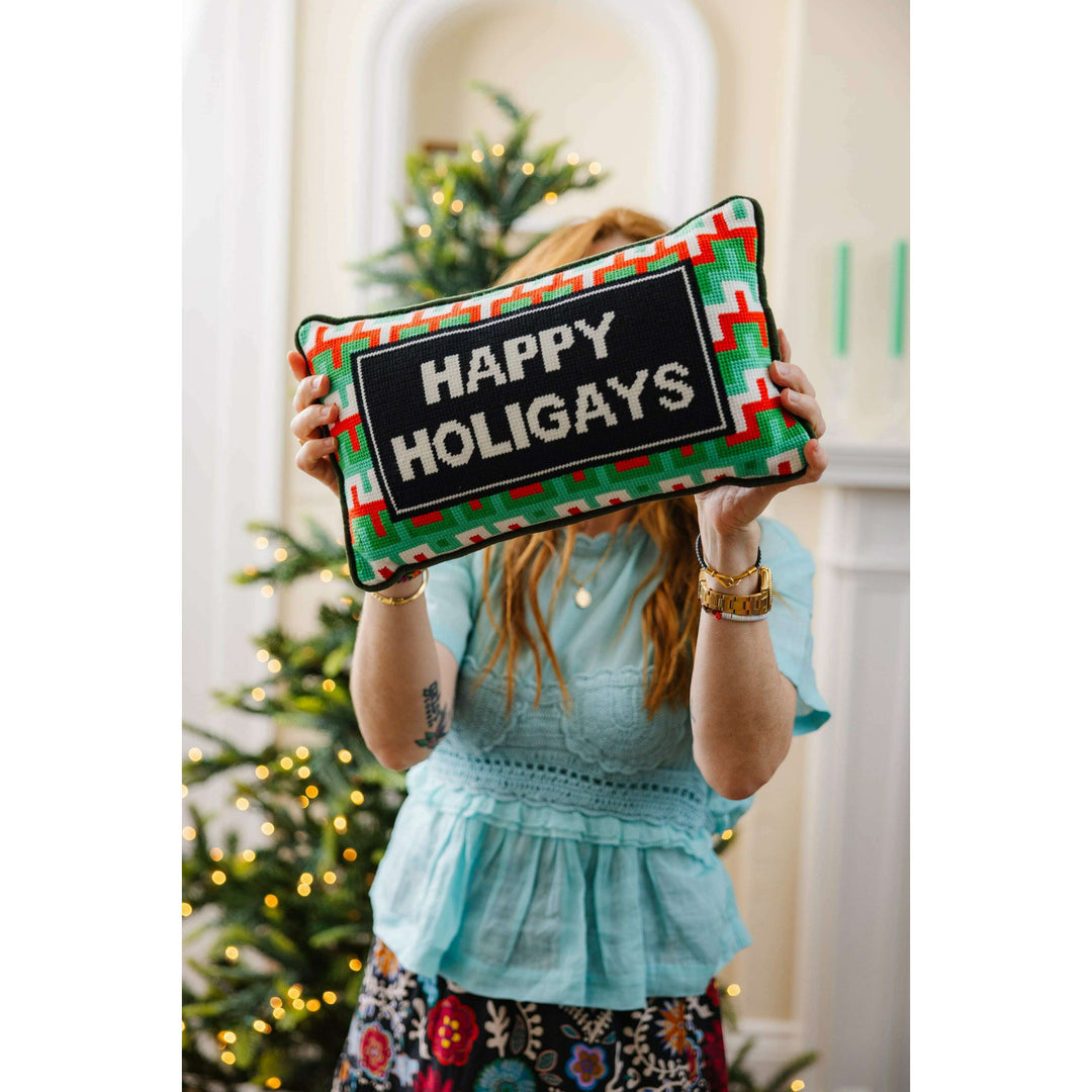 Happy Holigays Needlepoint Pillow