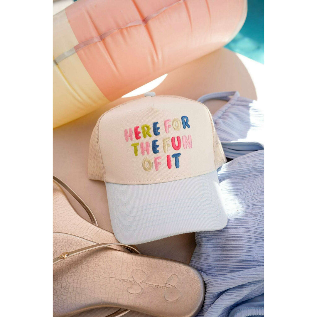 Here for the Fun of it - Baby Blue Corduroy Trucker Hat