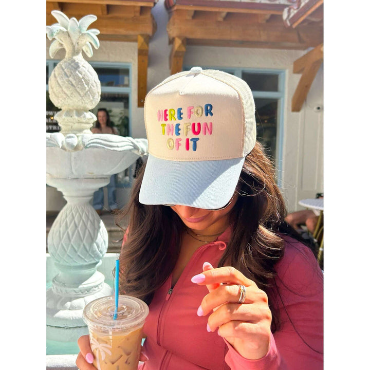 Here for the Fun of it - Baby Blue Corduroy Trucker Hat