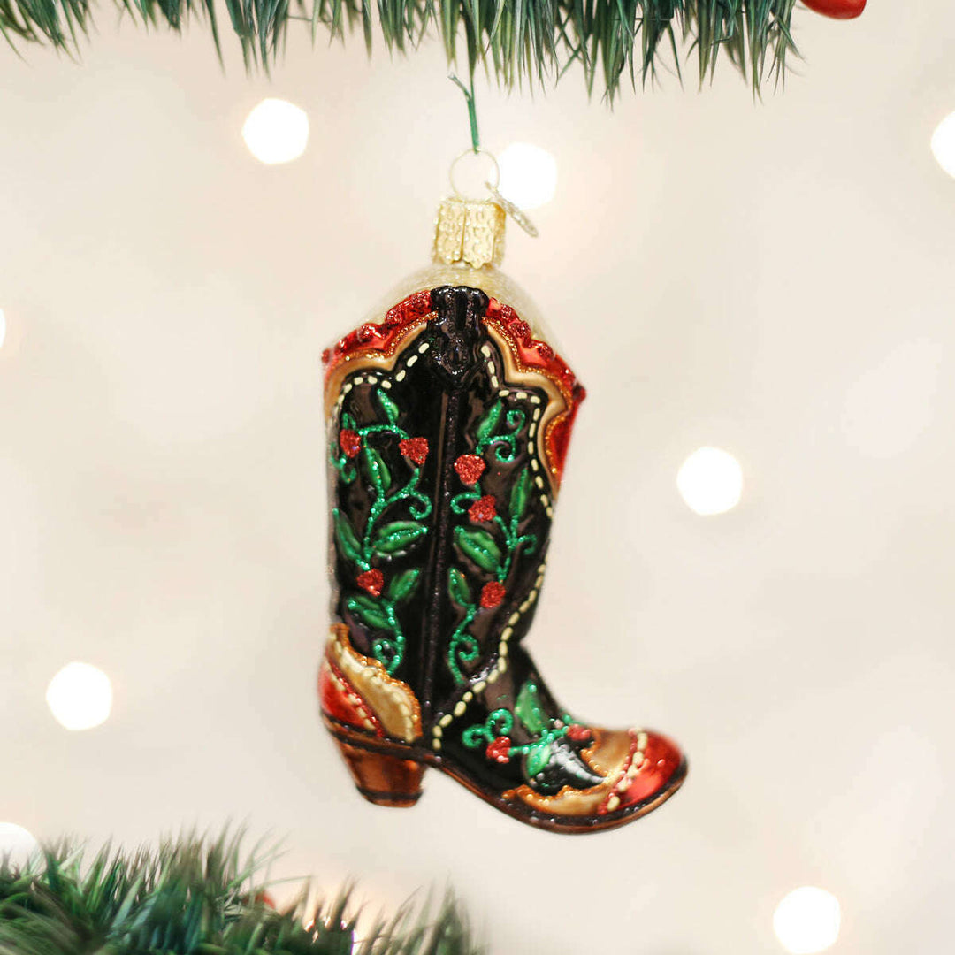 Old World Christmas Holly Berry Cowboy Boot Blown Glass Ornament