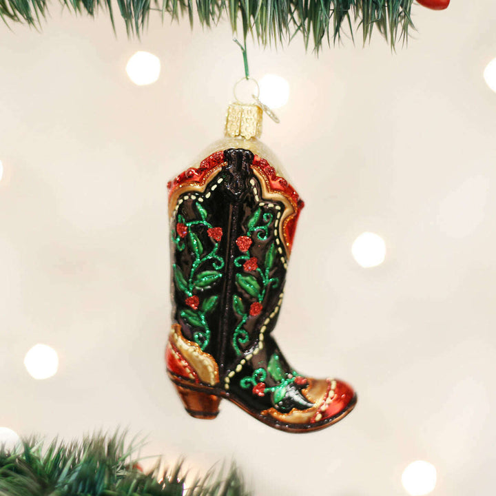 Old World Christmas Holly Berry Cowboy Boot Blown Glass Ornament