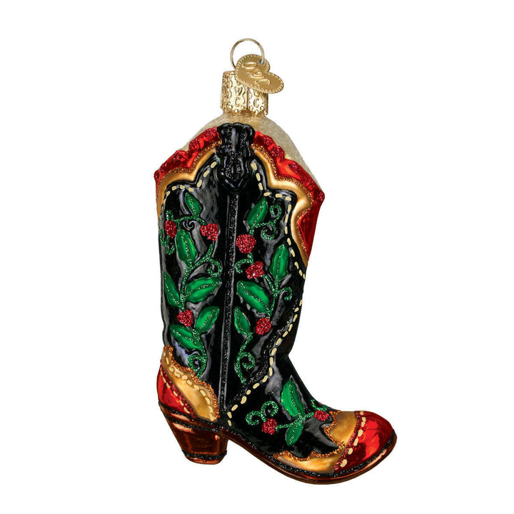 Old World Christmas Holly Berry Cowboy Boot Blown Glass Ornament