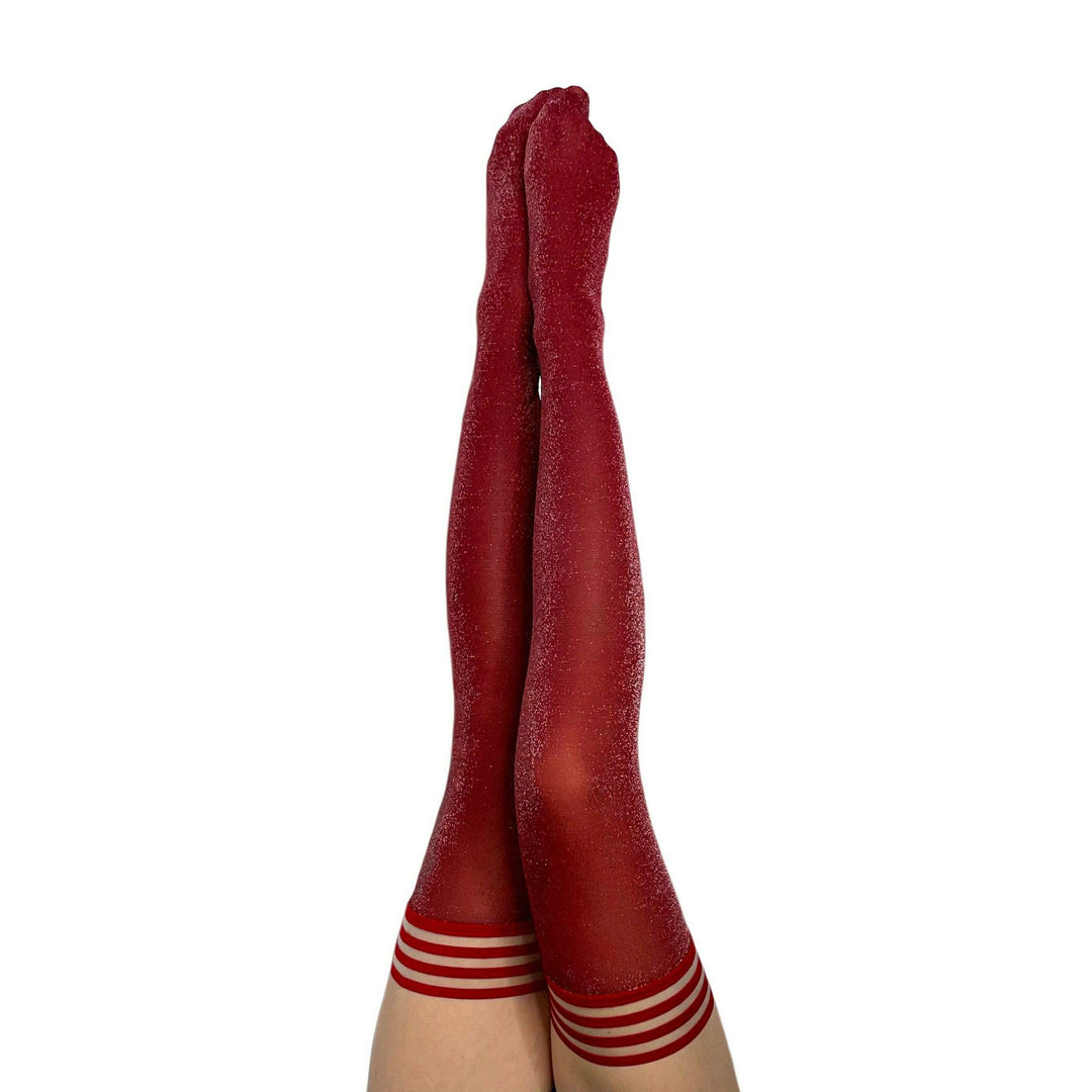 Holly: Shimmer Cranberry Thigh Highs. Petite to Plus Size
