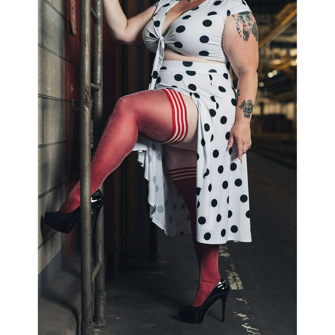 Holly: Shimmer Cranberry Thigh Highs. Petite to Plus Size