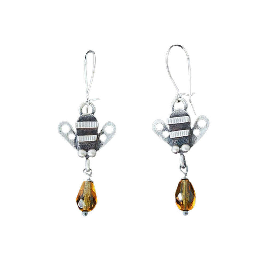 Chickenscratch Honey Bee Earrings — cast sterling silver bee charms with Czech glass honey drop dangles, sterling silver kidney ear wires