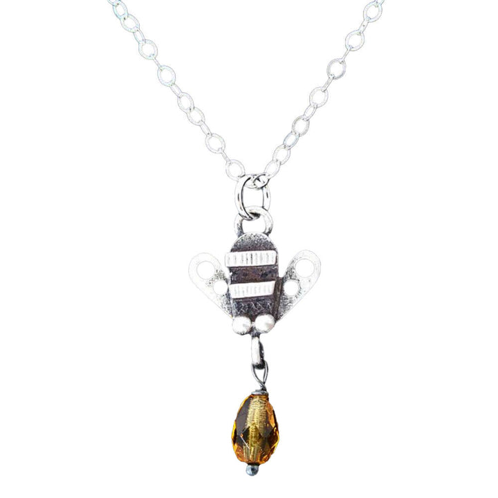 Chickenscratch Honey Bee Necklace — cast sterling silver bee charm necklace with Czech glass honey drop dangle on 18-inch sterling silver chain