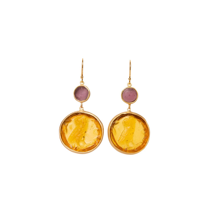 Glass Coin of Athens Motif Double Drop Earrings