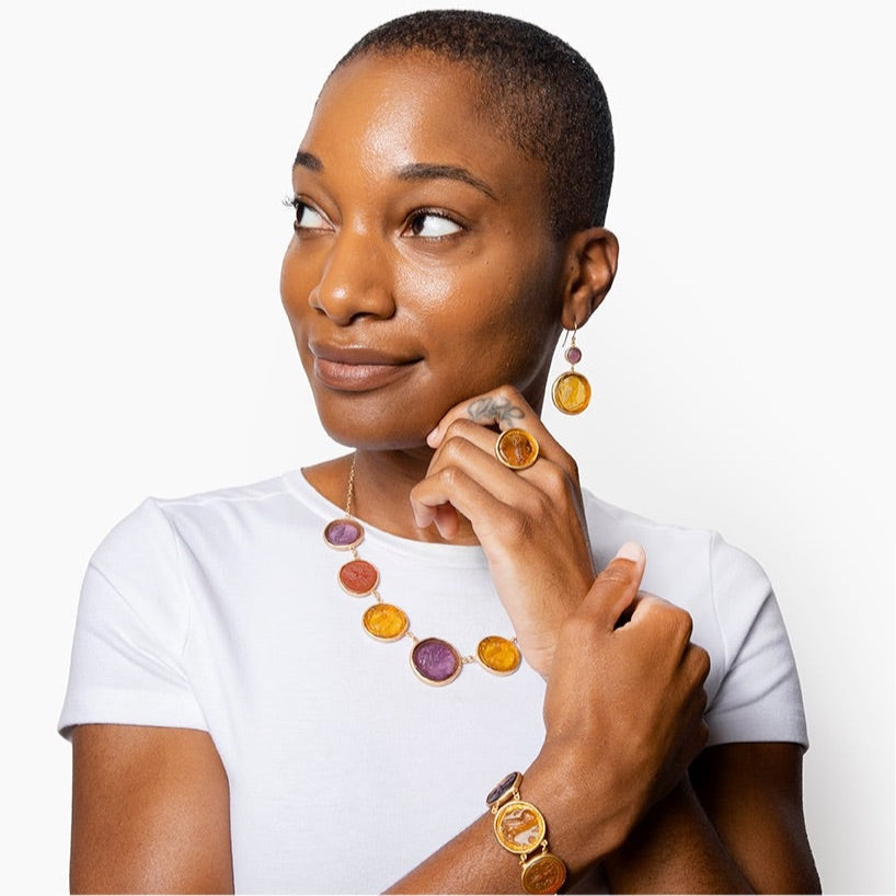 Glass Coin of Athens Motif Double Drop Earrings