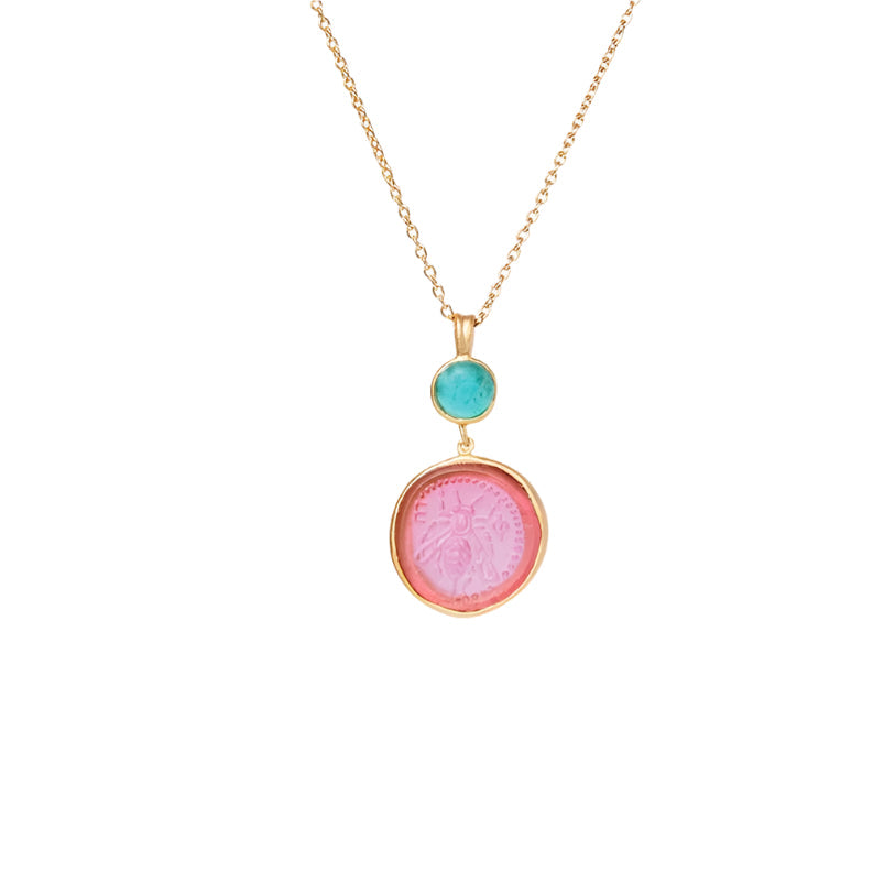 Glass Coin of Ephesos Motif Double Drop Pendant Necklace (Pink & Teal Tones)