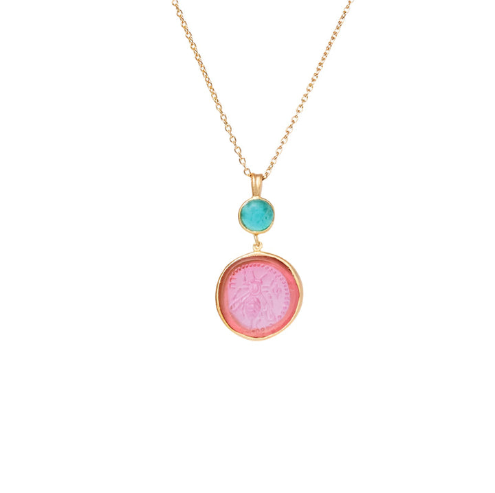 Glass Coin of Ephesos Motif Double Drop Pendant Necklace (Pink & Teal Tones)